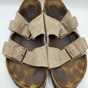 Birkenstock Tan Suede Sandals with Copper Buckles